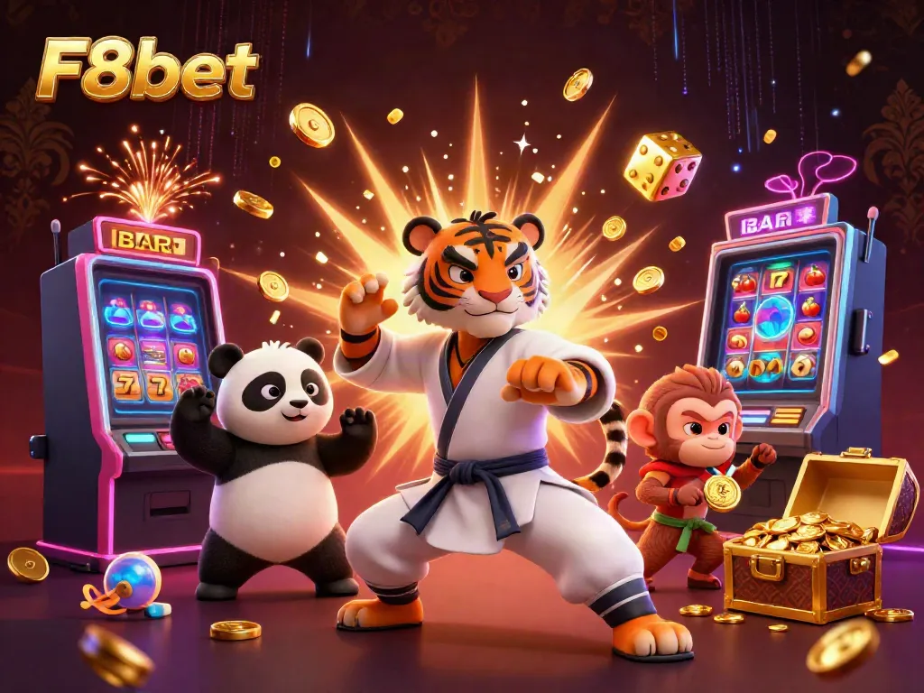 Experience thrilling fun with F8bet's vibrant casino scene featuring a kung fu tiger and friends.