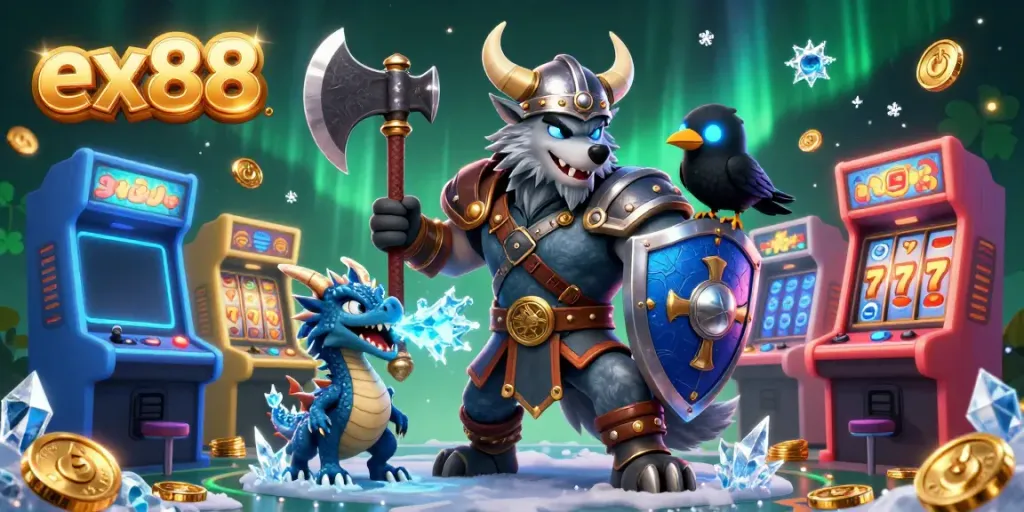 Experience thrilling gaming with ex88's cartoon Viking and dragon in a colorful casino scene.