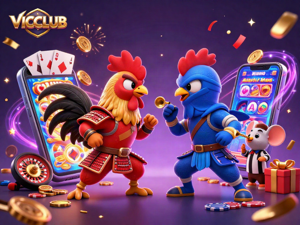 VICCLUB's exciting showdown between legendary roosters in a vivid casino-themed 3D illustration.