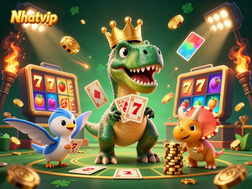 Nhatvip's vibrant 3D casino scene illustrates a T-Rex shuffling cards, enhancing the gaming excitement.