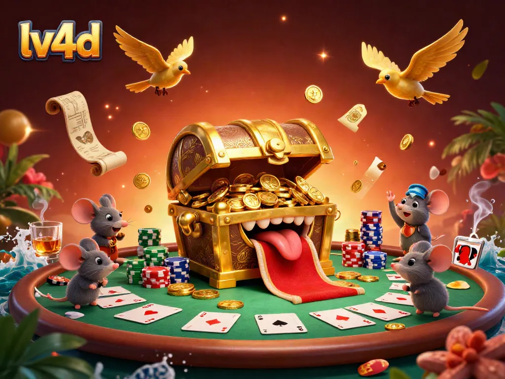 Experience the thrill of lv4d gaming with a vibrant 3D illustration featuring poker elements and character interaction.
