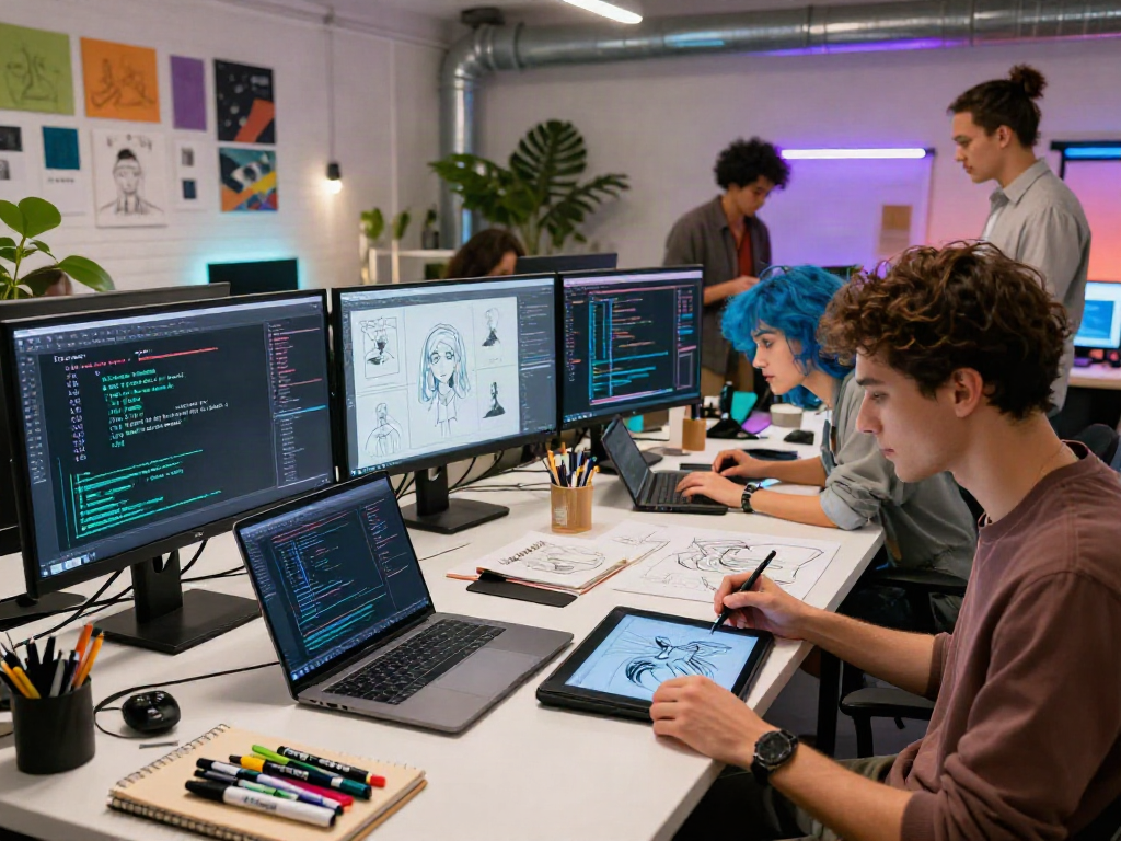 Creative collaboration scene with diverse designers utilizing 18+ ai technology in a modern digital studio.