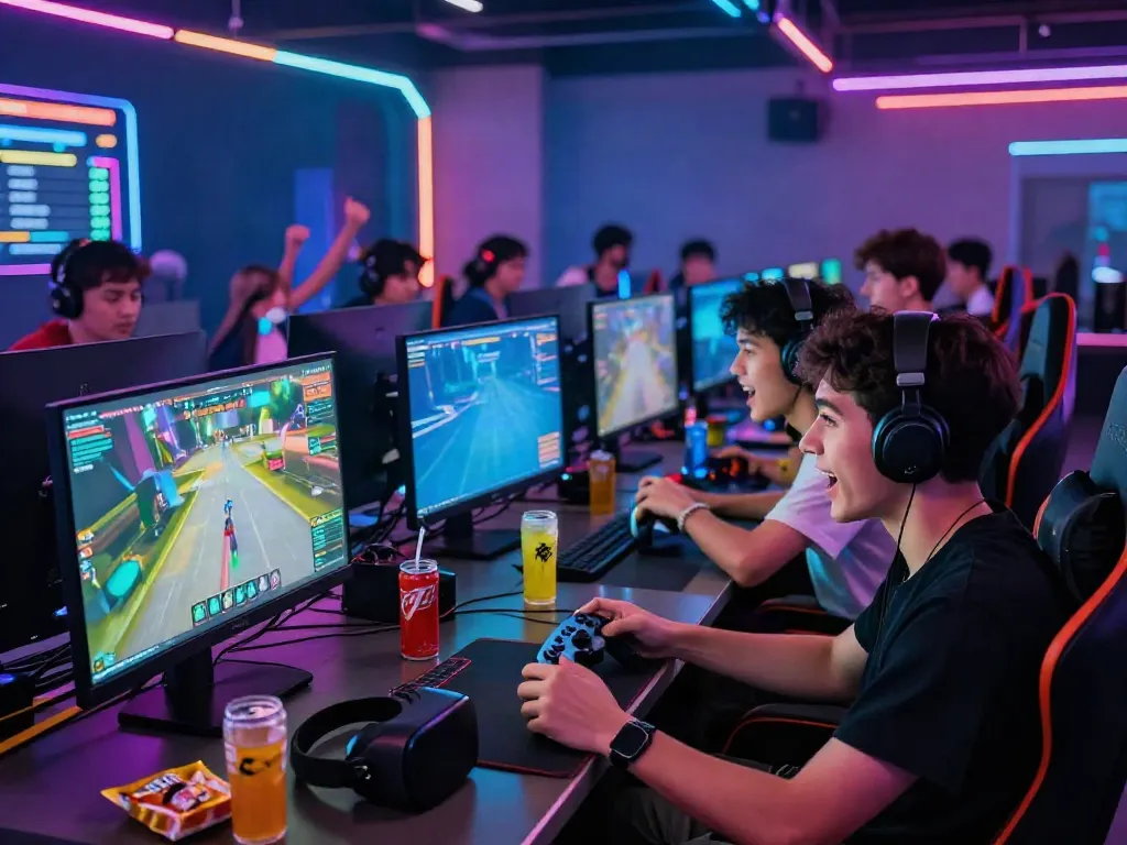 Kilat 404 gaming experience with friends in a neon-lit arena, showcasing vibrant gaming atmosphere and high energy.