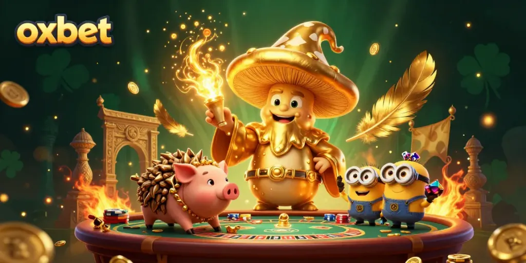 Play exciting casino games at oxbet with vibrant characters and golden treasures in a magical setting.