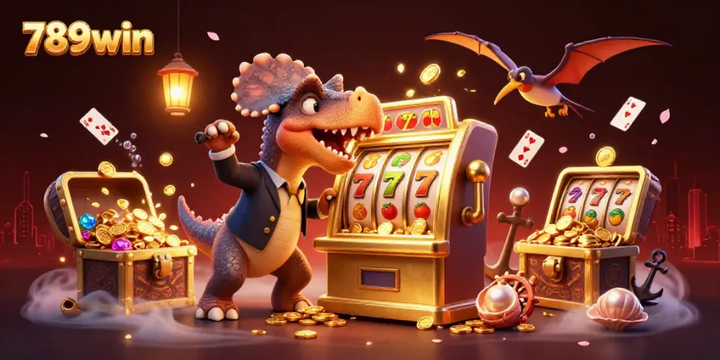 Witness the dynamic 789win action with a pachycephalosaurus hitting a slot machine for jackpots.