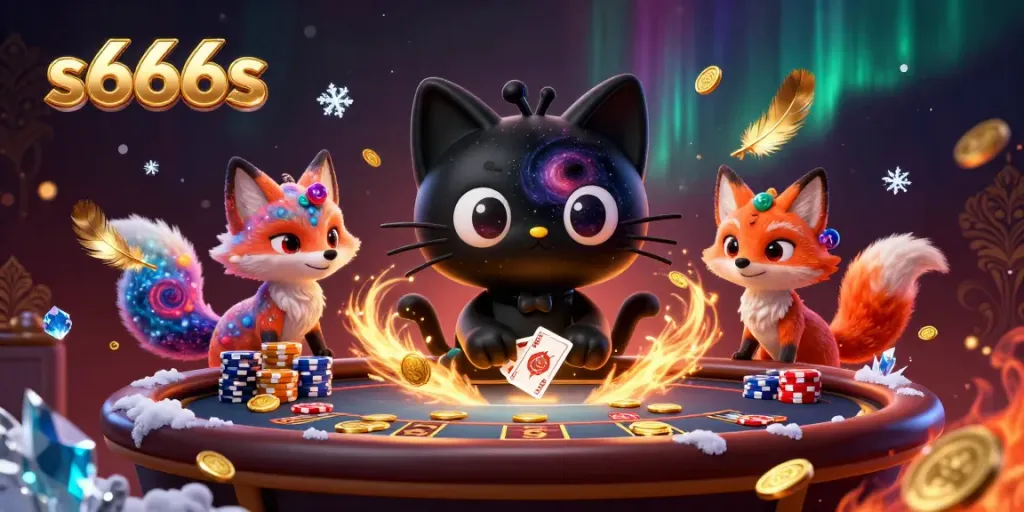 Engage in betting action with s666s at an enchanting cosmic casino featuring a black hole cat and colorful fox