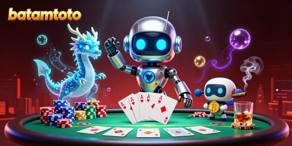 Experience batamtoto's thrilling poker scene with a dynamic holographic dragon and bitcoin-themed drone.