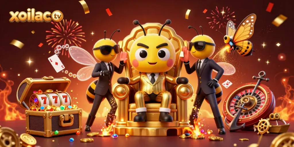 Xoilac TV features a cartoon mob boss overseeing a bustling casino scene with games and treasures.
