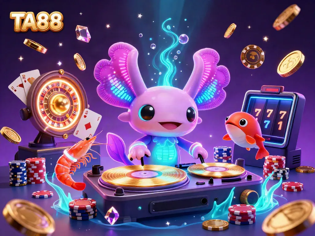 TA88's vibrant 3D illustration showcases axolotl DJ spinning records amidst cascading gems and coins.