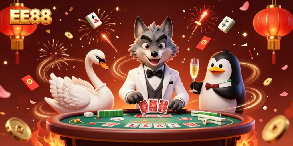 Experience the thrilling games at EE88, featuring vibrant casino elements and characters in action.