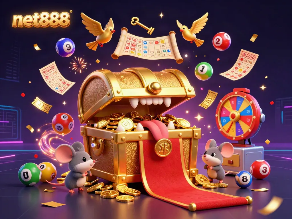 Engage with net888's exciting game offerings as vibrant lottery balls and dynamic games create a festive atmosphere.