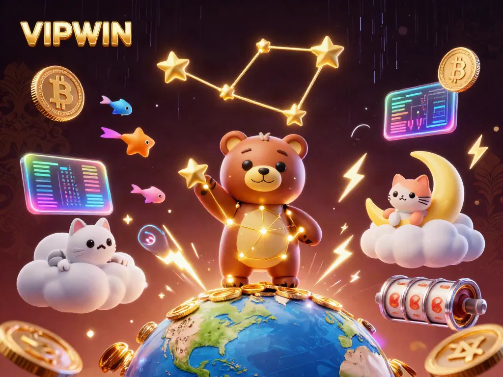 Experience the excitement of VIPWIN with a vibrant 3D scene featuring a constellation bear, crypto coins, and dynamic game elements.