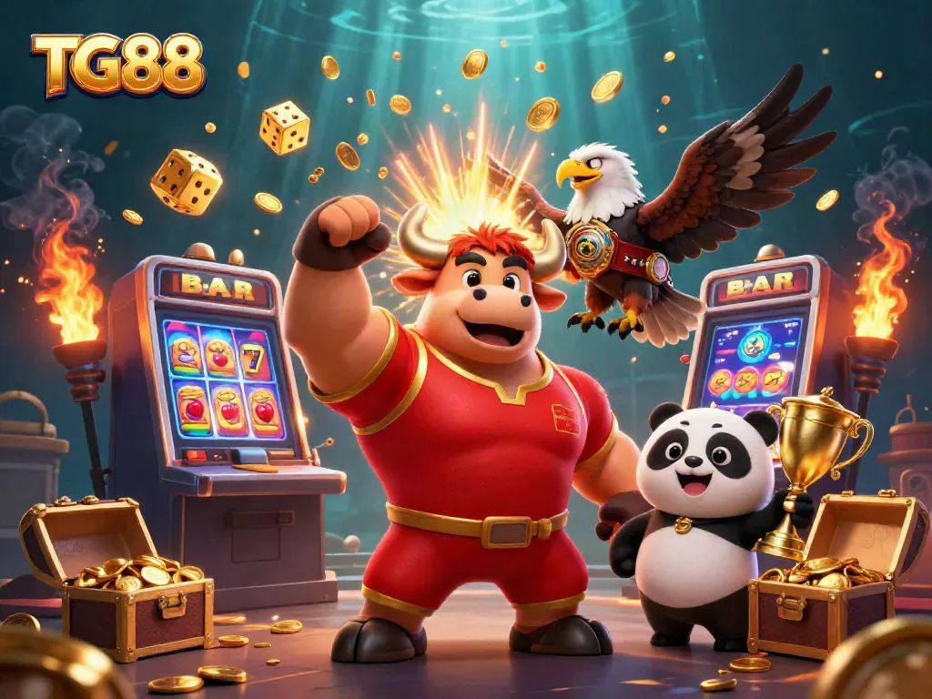 Experience thrilling gameplay at TG88 with a dynamic casino scene featuring vibrant characters and elements.