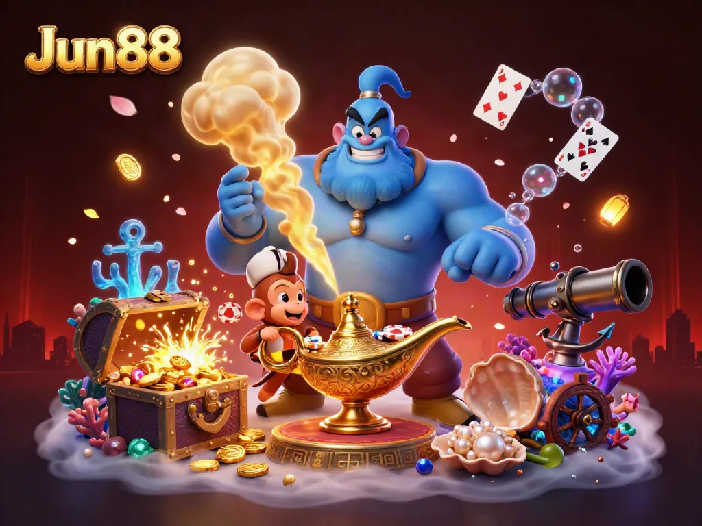 Jun88 features a lively scene with a blue genie, poker chips, and treasure for online casino players.
