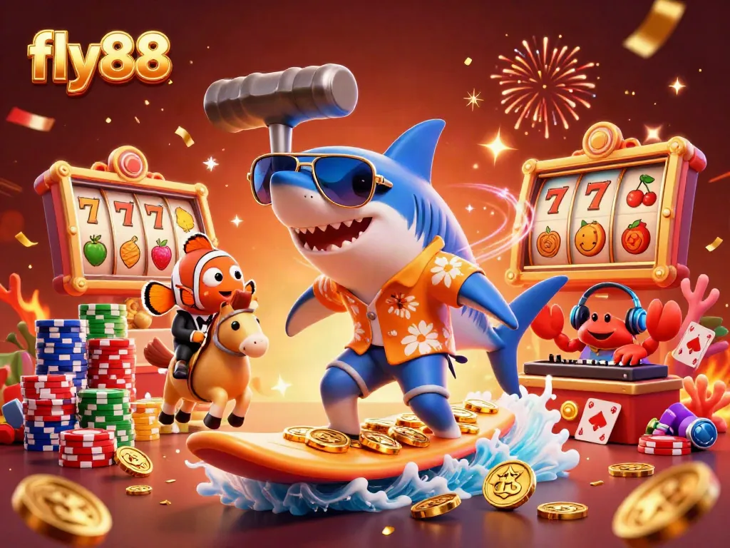 Experience vibrant casino fun with fly88 as animated characters embrace the gaming world.