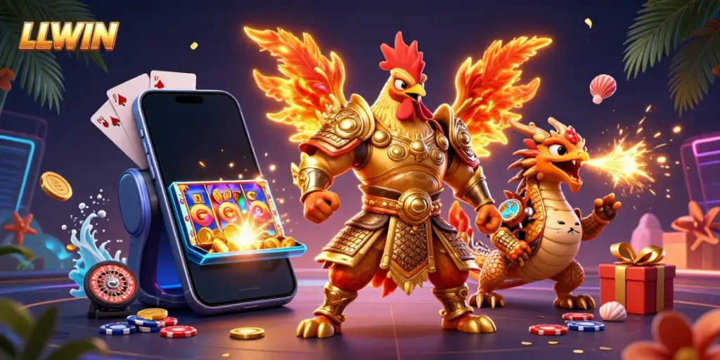 Explore the dynamic visual of LLWIN with a powerful rooster warrior and dragon amidst vibrant casino elements.