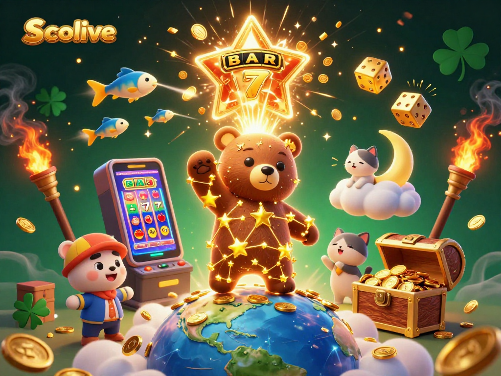 Socolive showcases a vibrant casino scene with golden stars, slot machines, and colorful games.
