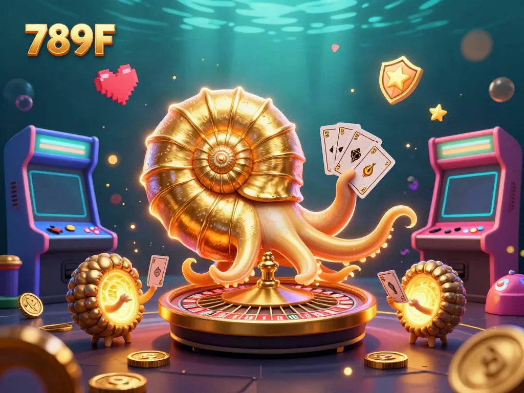 Engage with 789F's immersive gaming experience featuring a giant nautilus roulette wheel and vibrant arcade elements.