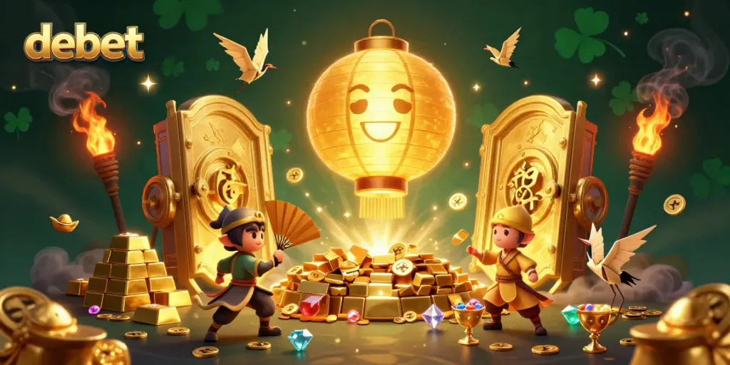 Experience debet excitement with a glowing lantern spirit over a vibrant casino scene filled with treasures.