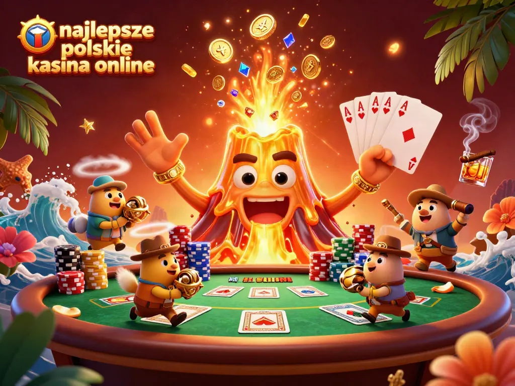 Experience excitement at najlepsze polskie kasyna online with a golden volcano erupting treasures in a lively casino scene.