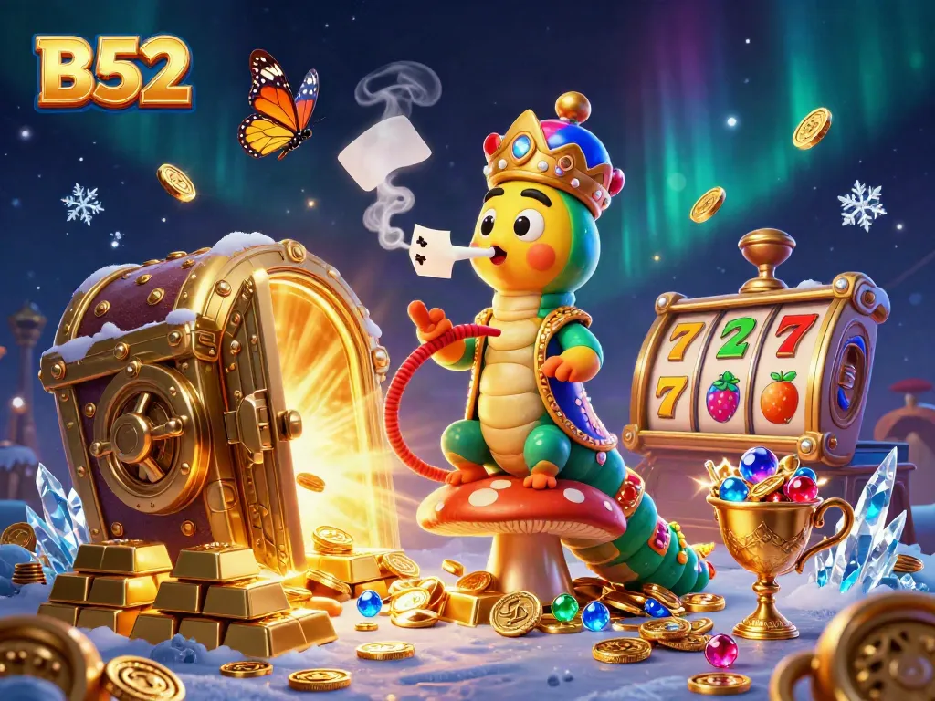 Engaging B52 online casino scene with a caterpillar master, golden treasures, and interactive game elements.