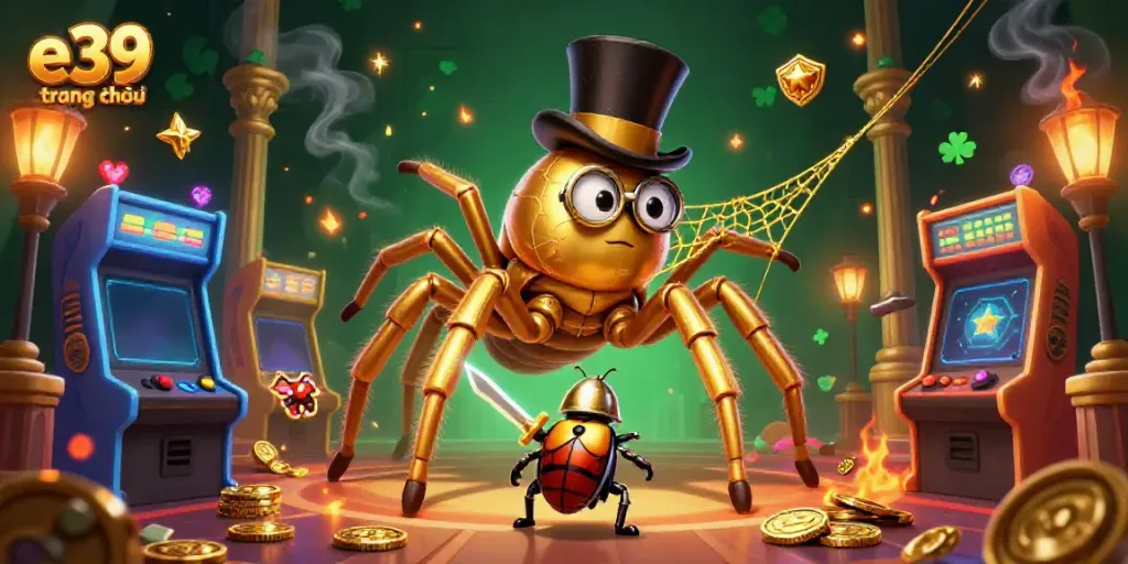 Engage with vibrant gaming elements at e39 trang chủ, featuring a golden tarantula creating a web of fortune.