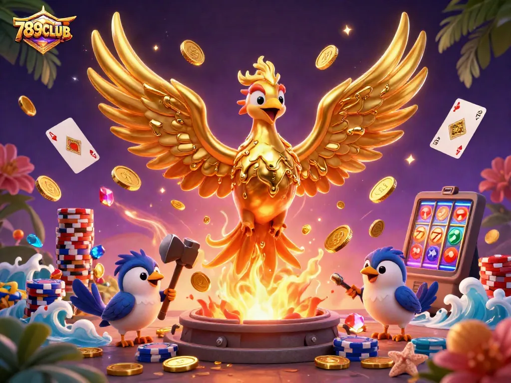 Experience the thrill of 789CLUB with a golden phoenix and dynamic casino elements.