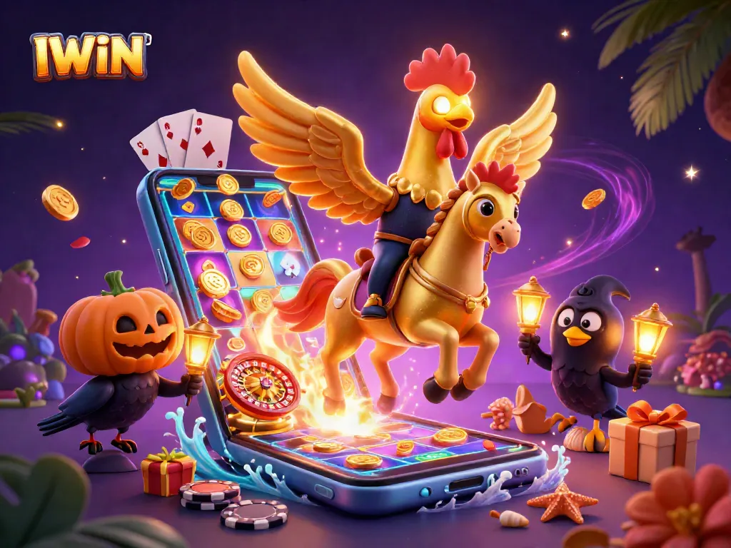 IWIN's golden rooster mascot captivates in a vibrant casino scene filled with spinning slot machines and lively elements.