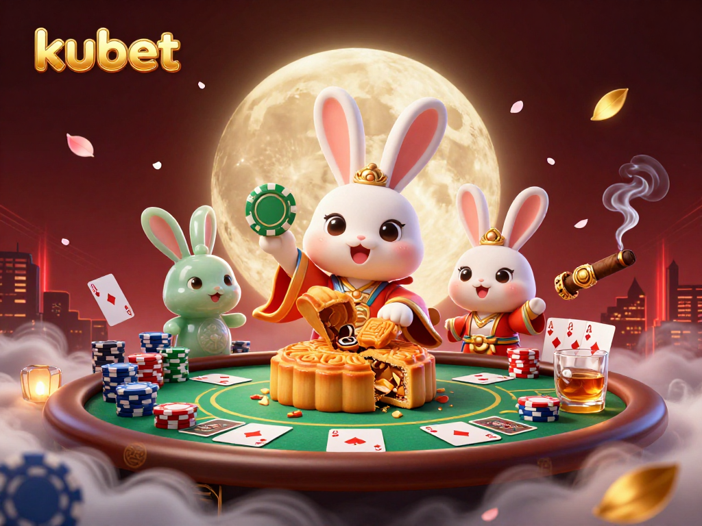 Kubet casino scene with cartoon moon rabbit preparing mooncakes revealing poker chips, vibrant actions and rich details.