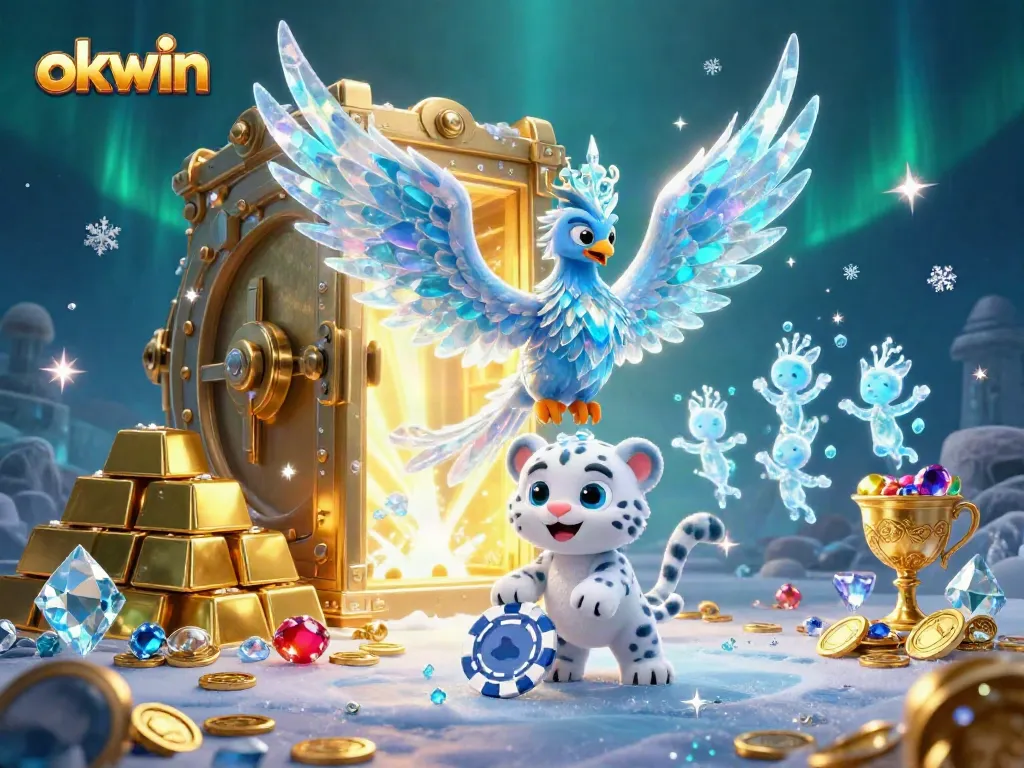 Experience exhilarating gaming moments with okwin featuring an ice phoenix, playful cub, and treasures in a vibrant 3D scene.