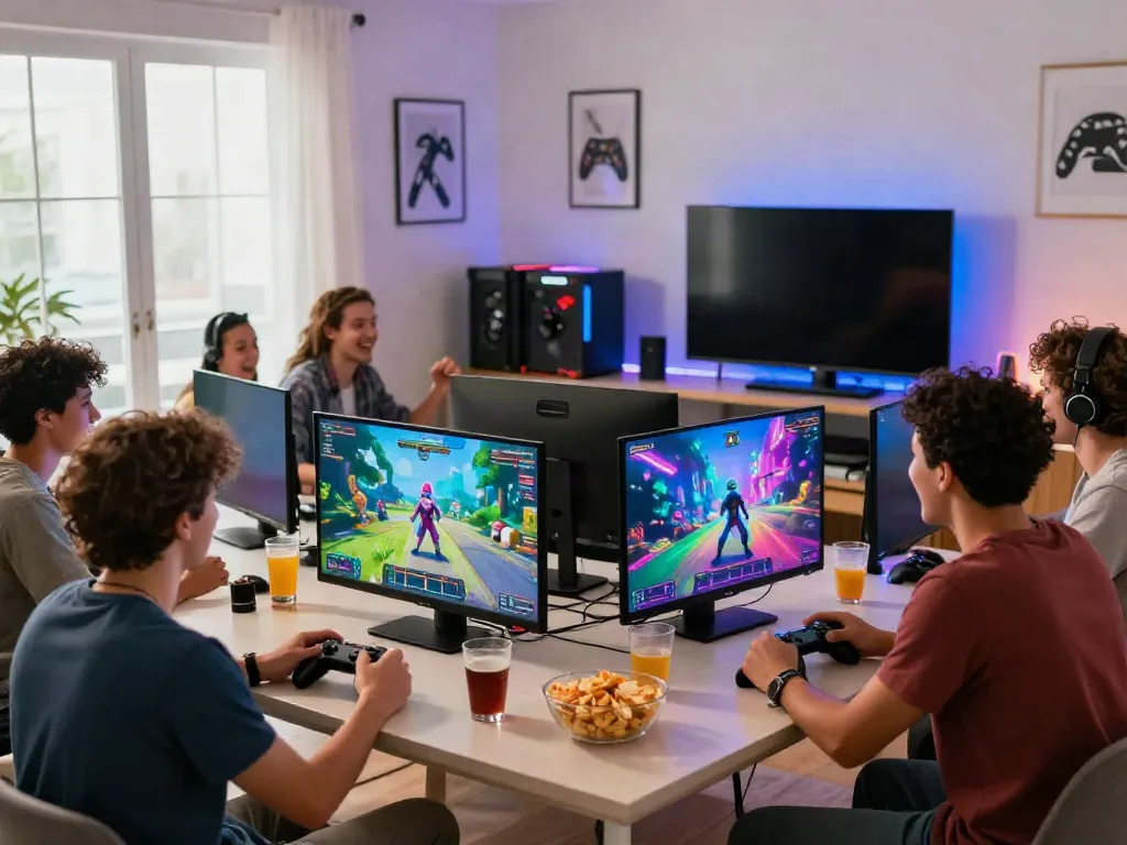 Friends enjoying a multiplayer session on kilat404, with snacks and drinks in a vibrant living room.