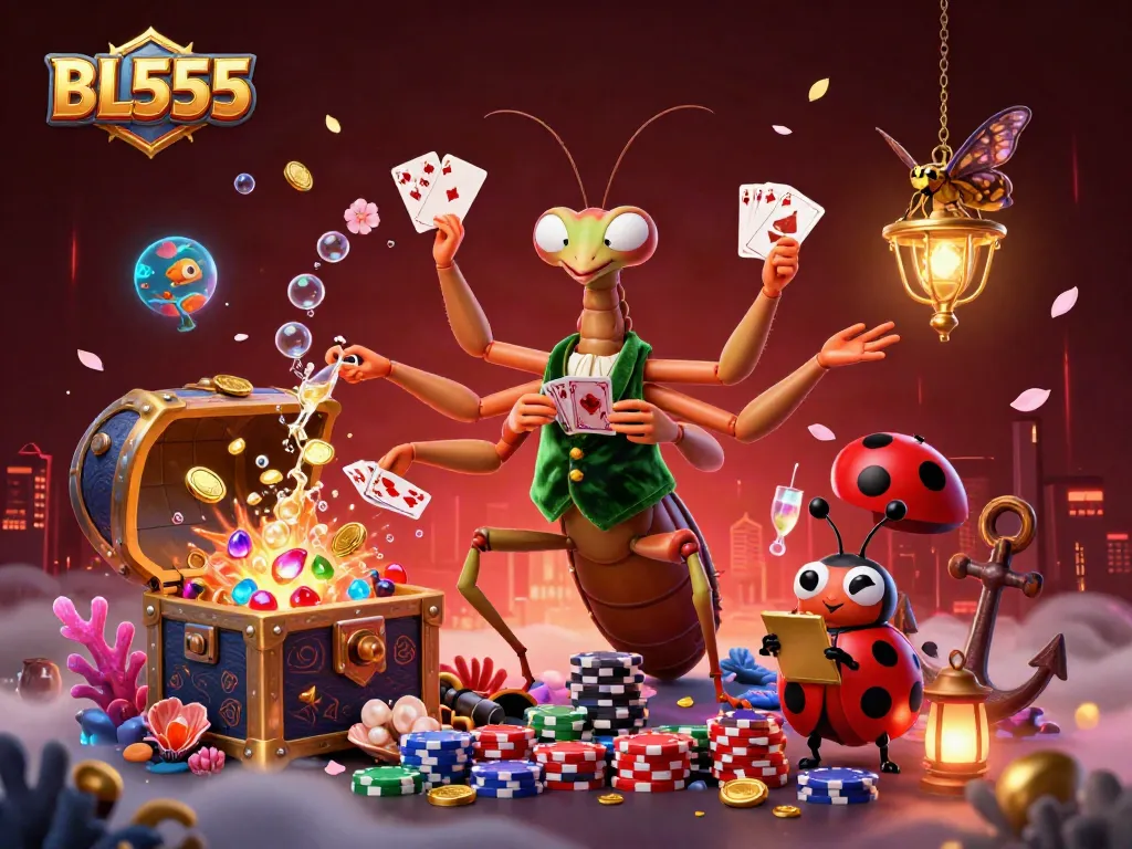 BL555 offers an exciting gambling experience with vibrant 3D illustrations showcasing online casino action.