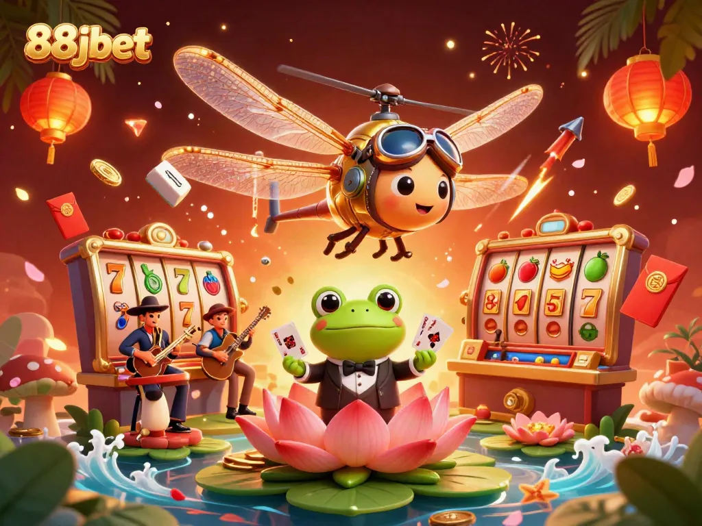 Experience thrilling moments at 88jbet with colorful slot games and lively characters in a vibrant casino scene.