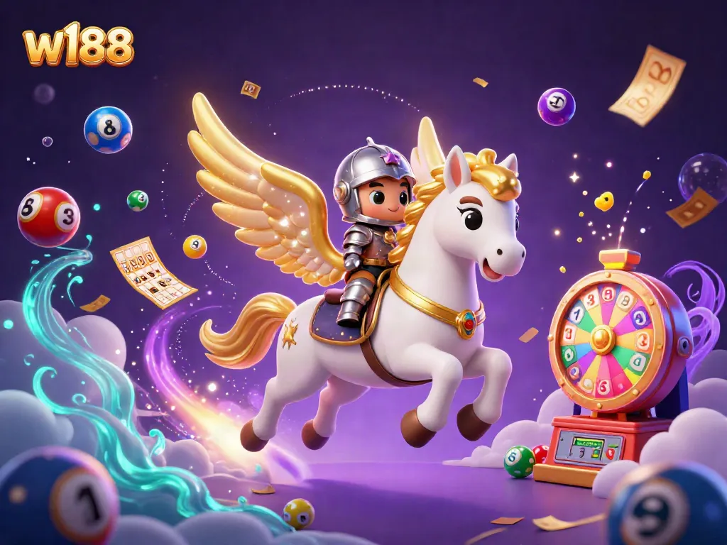 Experience thrilling gaming adventures with w188 featuring vibrant lottery elements, knight, and celestial horse.