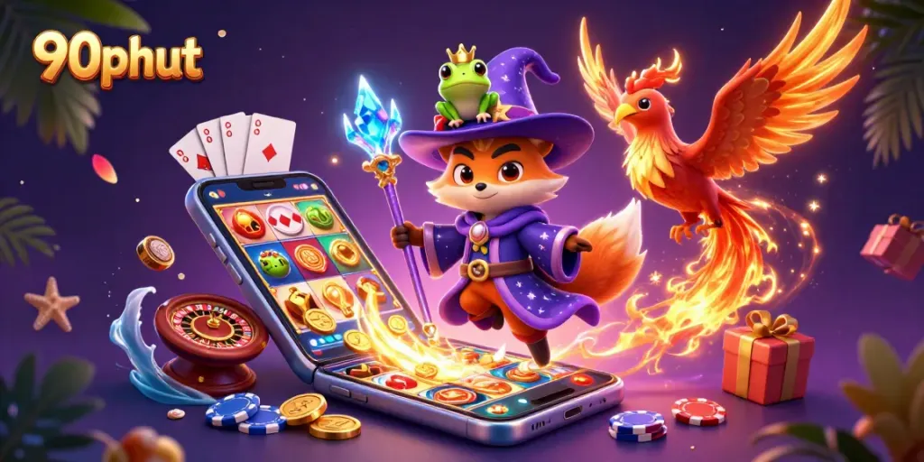 Engage with the 90phut experience through vibrant casino elements and magical characters.
