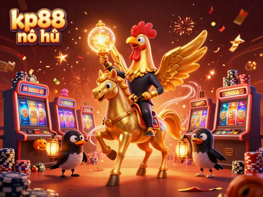 Experience kp88 nổ hũ excitement with a golden rooster headless horseman in a dynamic casino scene.