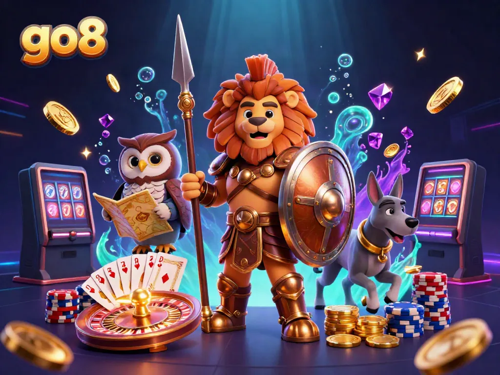 Experience thrilling gameplay with go8's dynamic gaming scene featuring a Spartan lion and poker elements.
