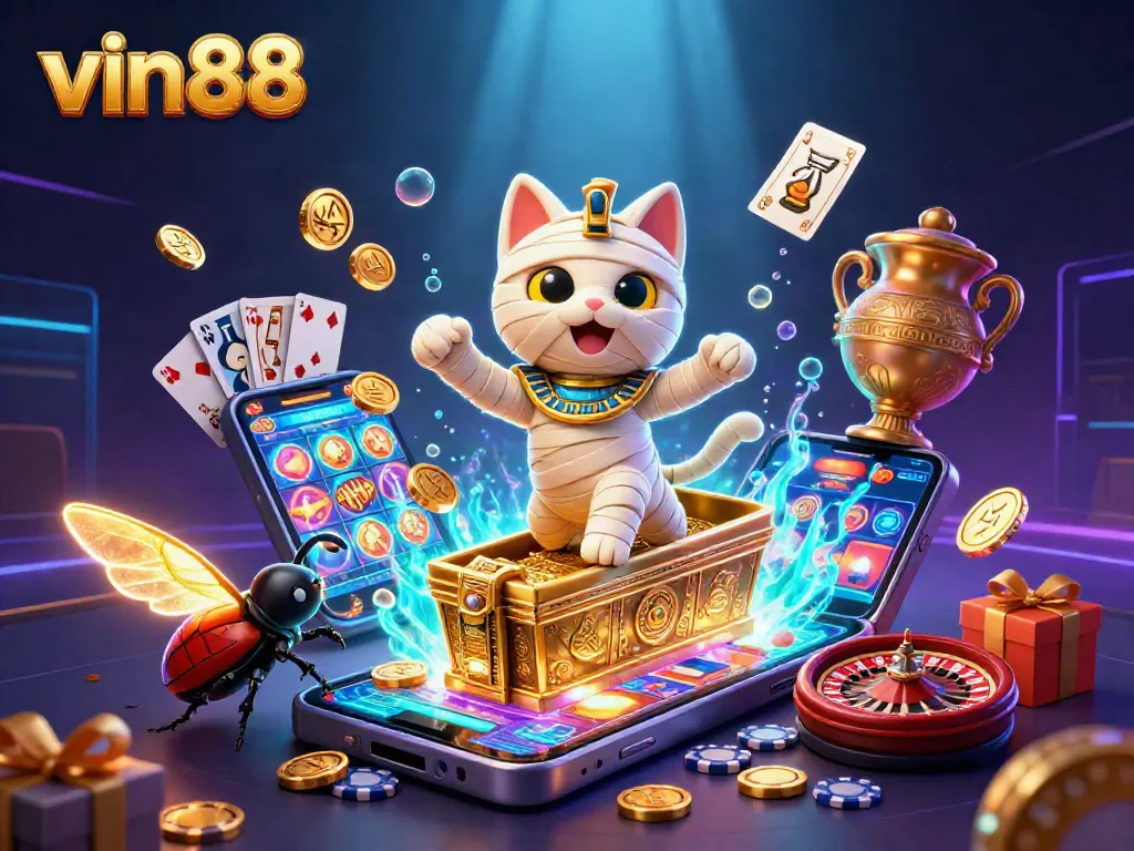 Win exciting jackpots at vin88 with a thrilling casino adventure featuring a mummy cat!