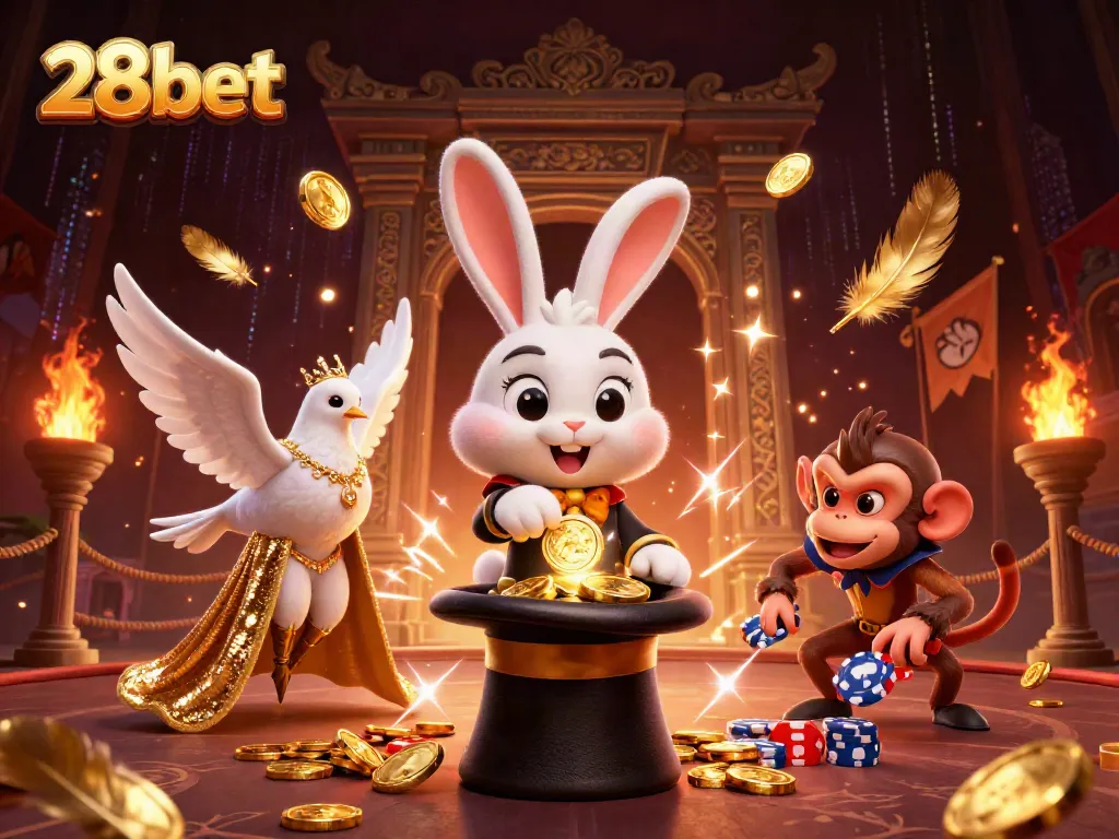 Engaging 28bet casino illustration featuring a magician rabbit, dove, and monkey amidst rich gaming elements.