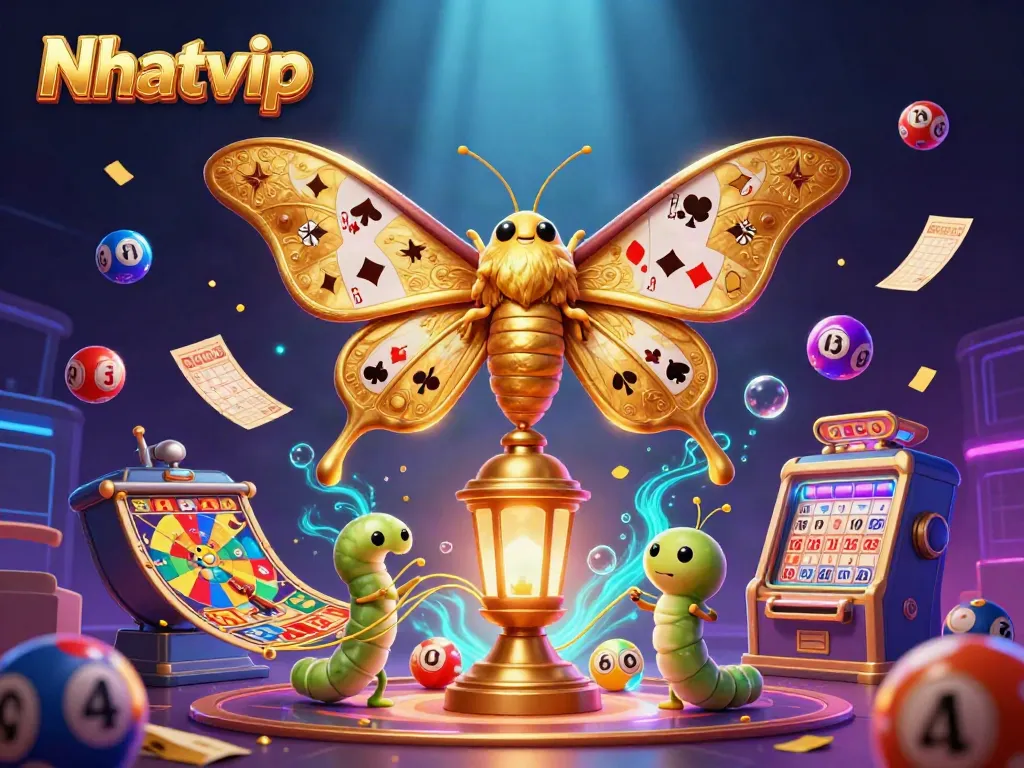Engage with Nhatvip's exciting gaming world featuring vibrant lottery balls and a majestic moth.