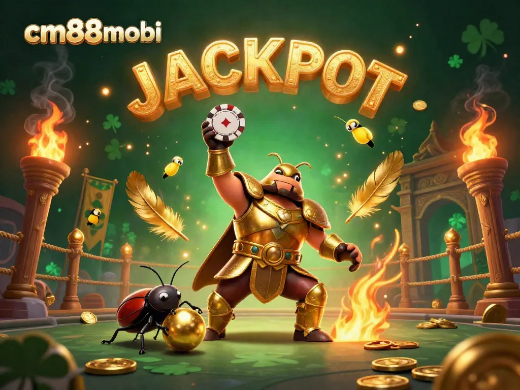 Experience the thrill of cm88mobi as a heroic beetle lifts a poker chip in victory amidst a vibrant casino scene.
