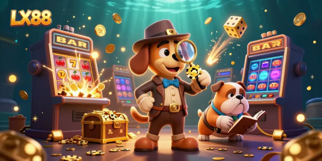 Experience the LX88 adventure with cartoon characters discovering casino treasures amidst gaming elements.
