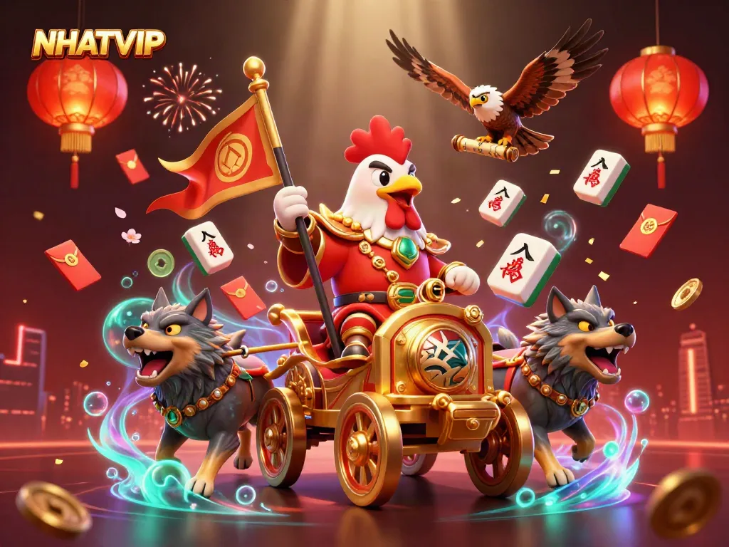 Experience the thrill of NHATVIP with a dynamic casino-themed illustration featuring iconic elements.