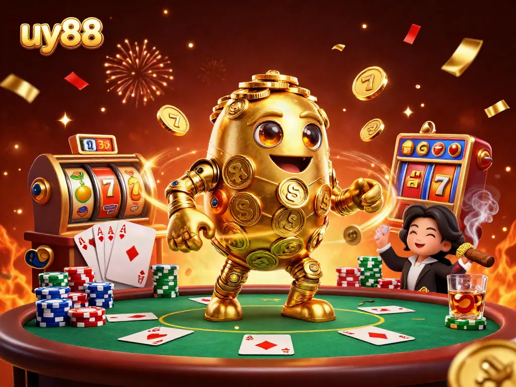 Experience the excitement of uy88 with dynamic gameplay visuals including golden golems and vibrant slot elements.