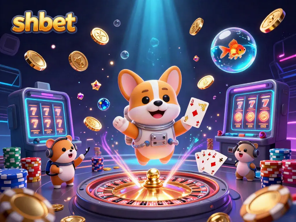 Experience fun gaming with SHBET as a corgi astronaut plays in a vibrant casino in space.