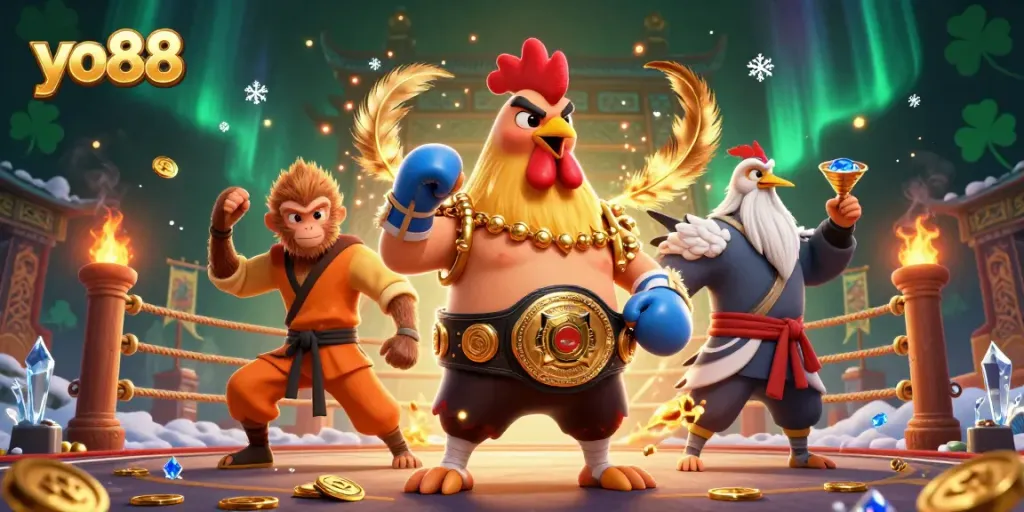 Experience thrilling action at yo88 with a Muay Thai rooster, Shaolin monkey, and wise crane in vibrant casino-themed illustration