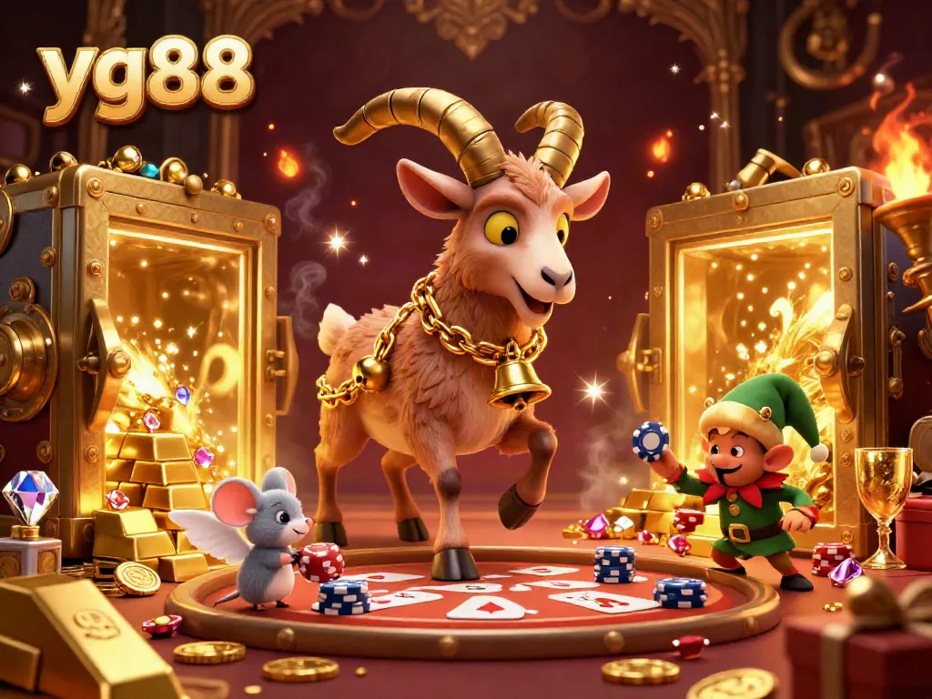 Experience the excitement of yg88 with a festive Krampus goat hosting a chaotic casino scene.