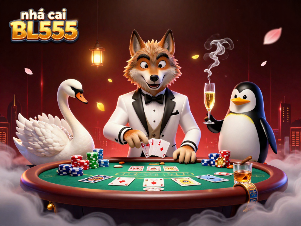 Experience the excitement at nhà cái BL555 with a vibrant casino scene featuring a stylish wolf, an elegant swan, and a penguin sommelier.