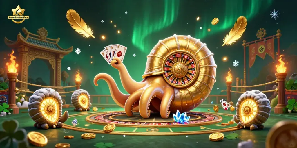 Engage with the thrill of keonhacaionline showcasing a mythical nautilus roulette and golden cards.