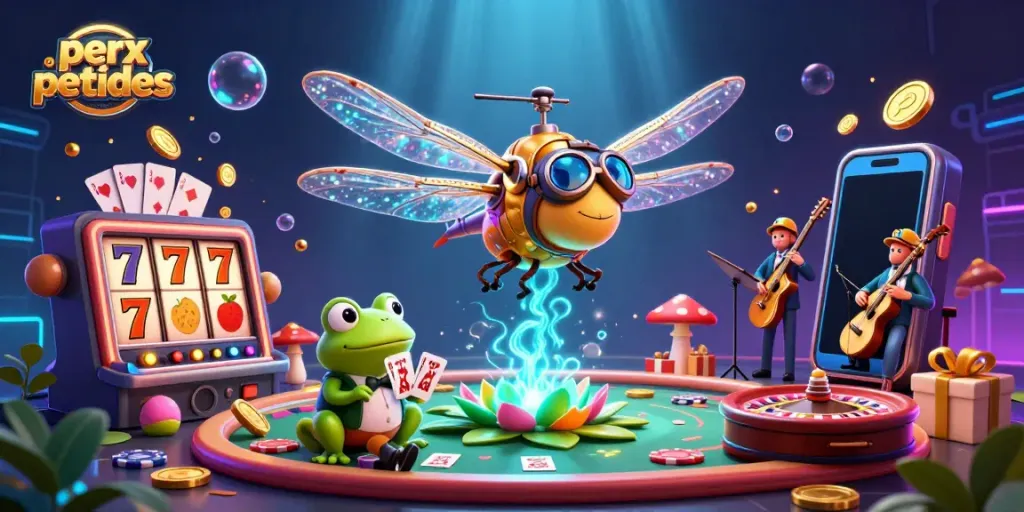 Engaging scene of perx peptides casino with a dragonfly pilot and frog croupier in action.